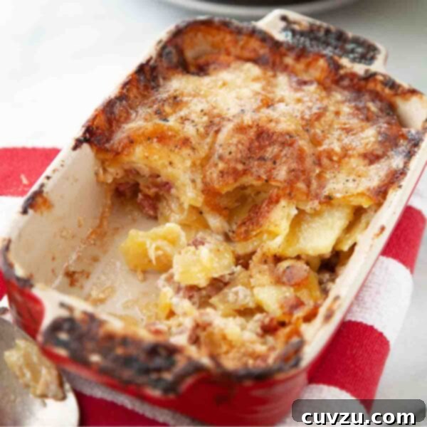 A ham, cheese, and potato casserole in a large rectangular dish, on a red-and-white striped towel.