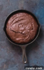 A cast-iron skillet filled with chocolate brownie.