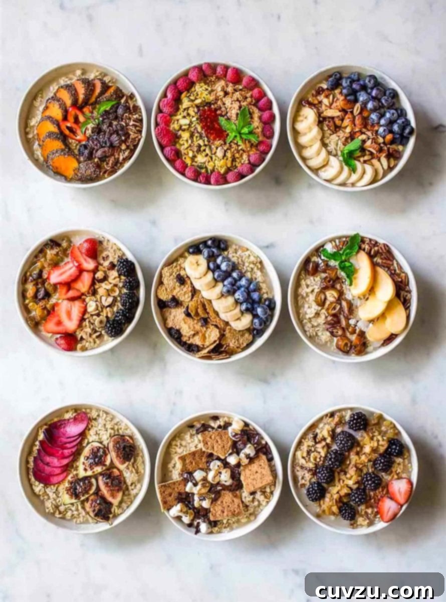 Yulaf Ezmesi Keyfini Katlayan Lezzetler 2 Nine bowls of oatmeal, each topped with different combinations of best oatmeal toppings.