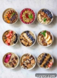 Nine bowls of oatmeal, each topped with different combinations of best oatmeal toppings.