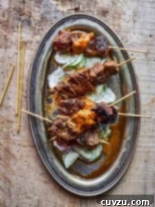 Catalan lamb skewers on sliced cucumbers topped with a romesco sauce