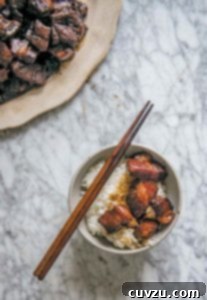 A bowl of rice topped with red cooked pork and a pair of chopsticks resting on the bowl. A plate of red cooked pork on the side