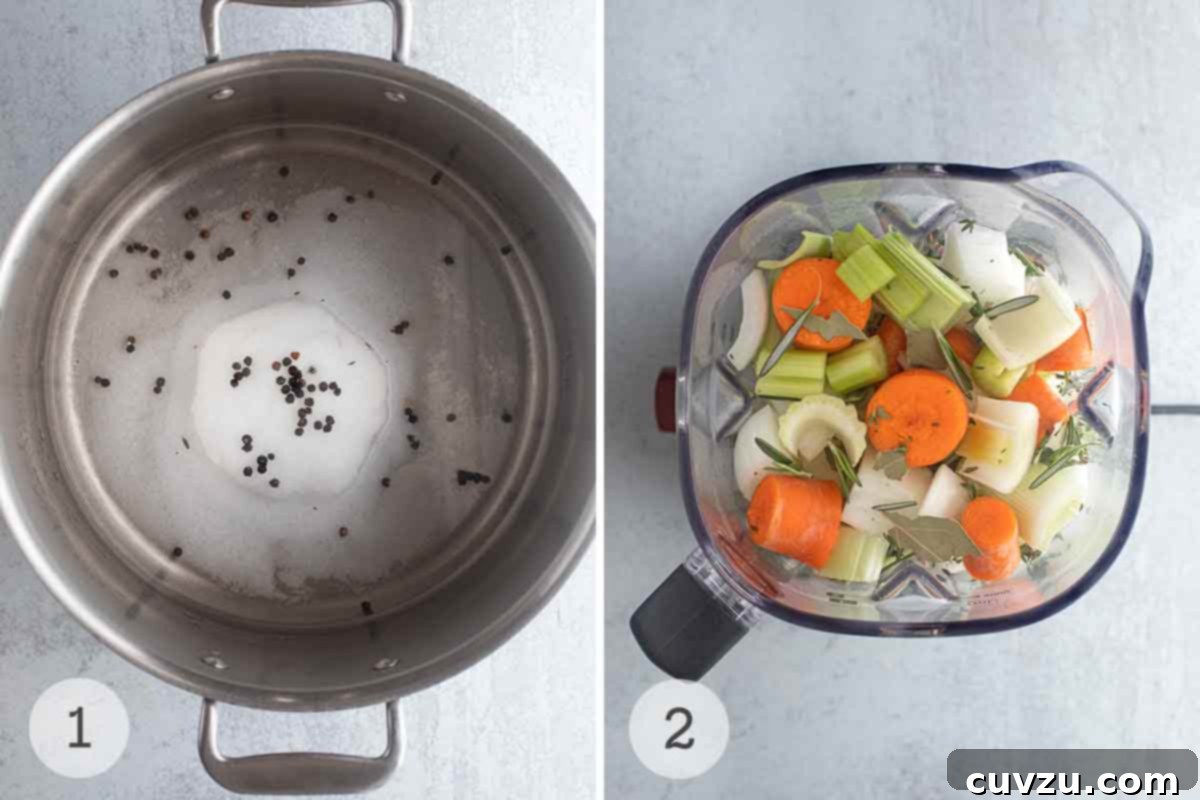 David Leite's Signature Brined Roast Chicken 4 A large pot filled with water, salt, and peppercorns for a brine, and a blender with carrots, celery, leeks, onion, and herbs.