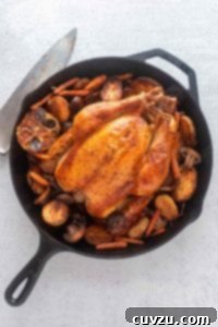 David Leite's Signature Brined Roast Chicken 6 A skillet with David Leite's best brined roast chicken in a cast iron Dutch oven surrounded by potatoes, mushrooms, carrots, and a halved head of garlic.olden brown brined chicken with vegetables around it.