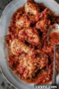 A grey platter of Italian-style chicken braised in wine with a spoon resting on top