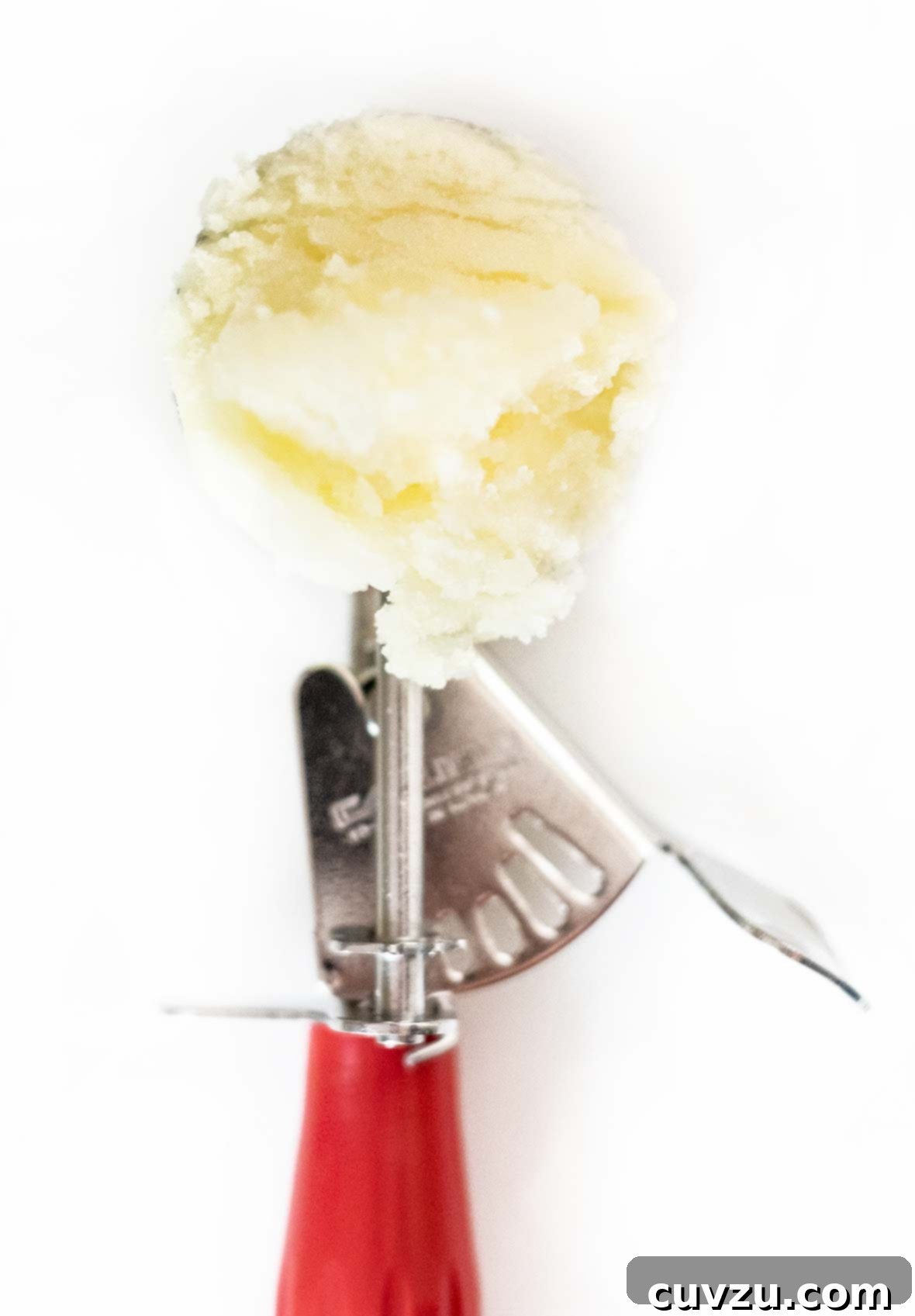 Lemon Sorbet Tart 3 An ice cream scooper with a vibrant red handle, perfectly filled with a generous scoop of the refreshing Tart Lemon Sorbet, poised for serving.