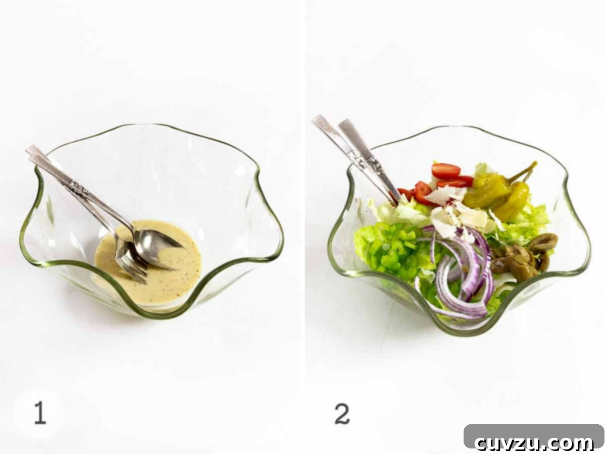 Tuscan Garden Salad 5 A bowl with salad dressing and serving utensils and another photo of the bowl filled with Italian salad ingredients.