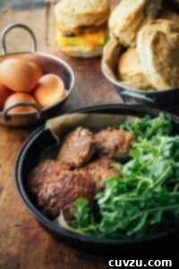 A metal dish filled with chicken breakfast sausage patties and a mound of arugula, with biscuits, eggs, and a breakfast sandwich in the background.