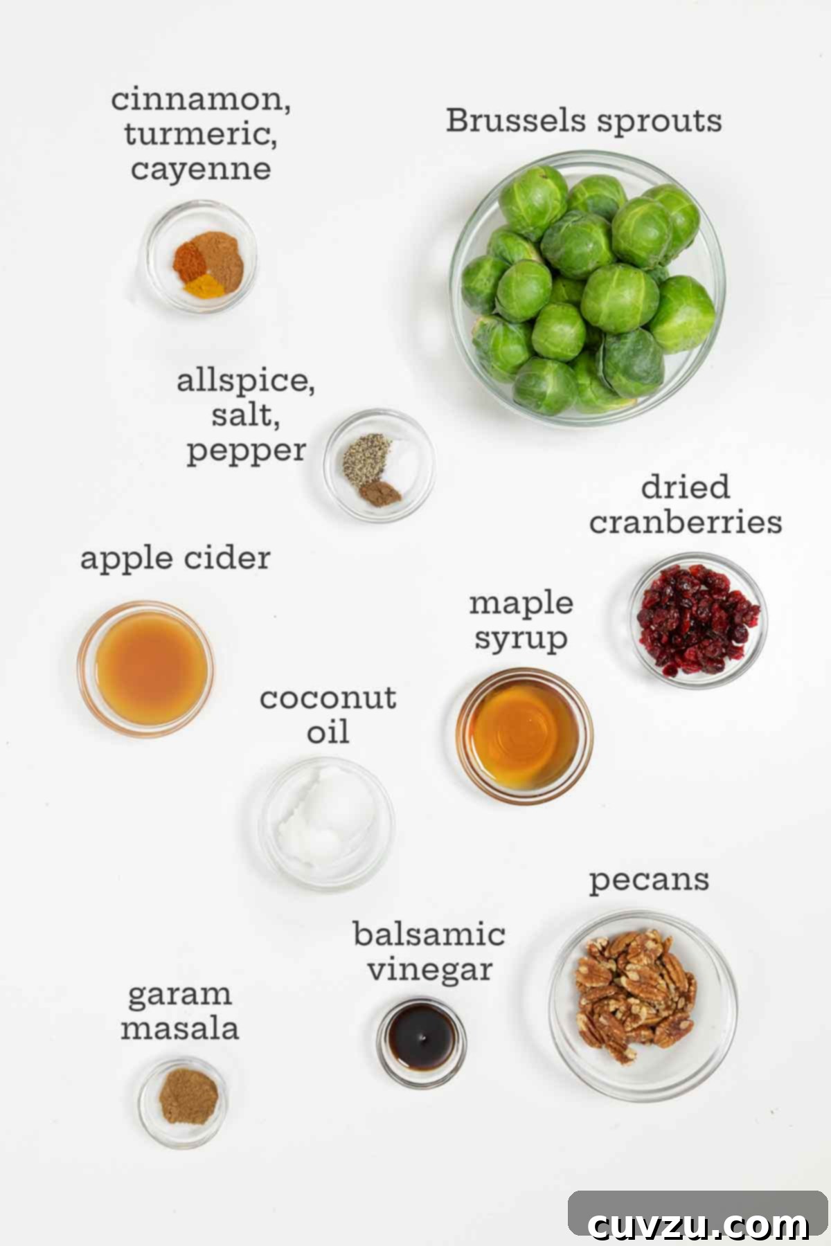 Kickin' Crispy Brussels 3 Fresh Brussels sprouts, an array of colorful spices, apple cider, coconut oil, nuts, and dried cranberries laid out on a wooden surface.