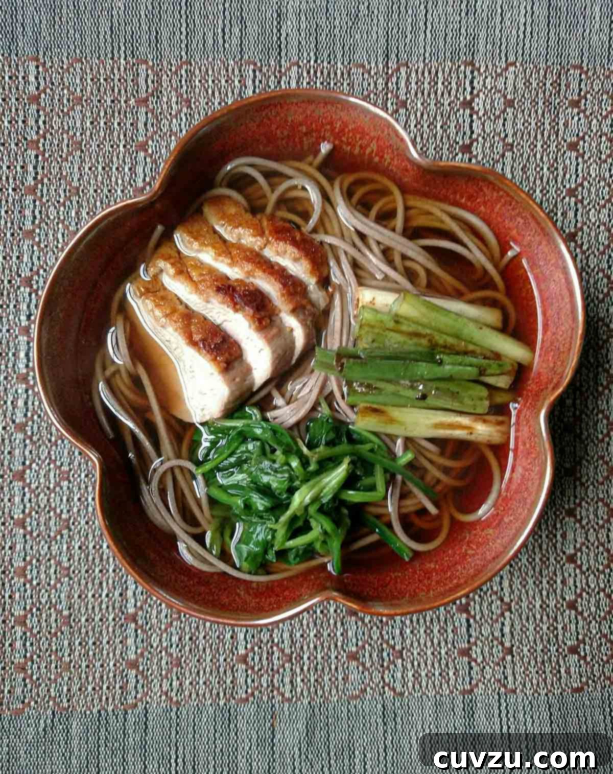 Seared Duck Soba 5 A close-up of a bowl filled with duck soba, showing the noodles, duck, seasoned spinach, and scallions in a rich broth.