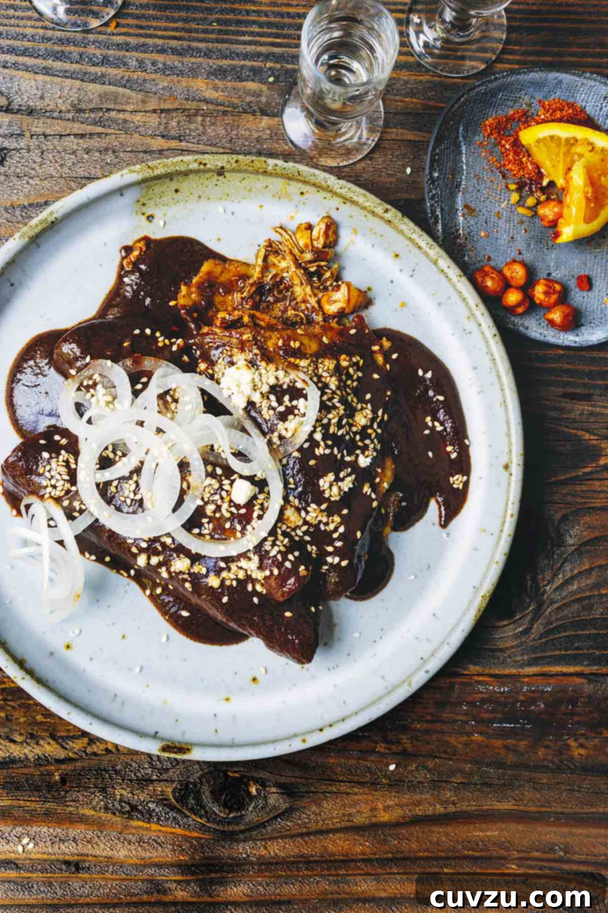 Puebla's Signature Mole Enchiladas 2 Two enchiladas de mole poblano on a white plate, topped with thinly sliced white onion and sesame seeds.