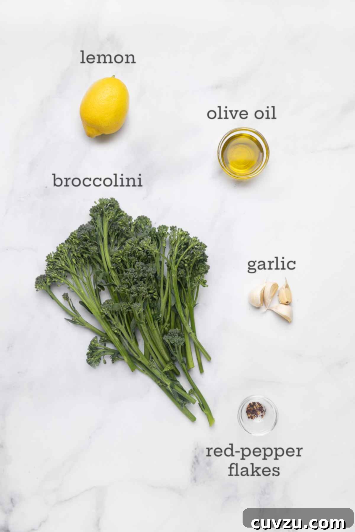 Blistered Skillet Broccolini 4 Ingredients for skillet-charred broccolini--broccolini, lemon, olive oil, garlic, and pepper flakes.