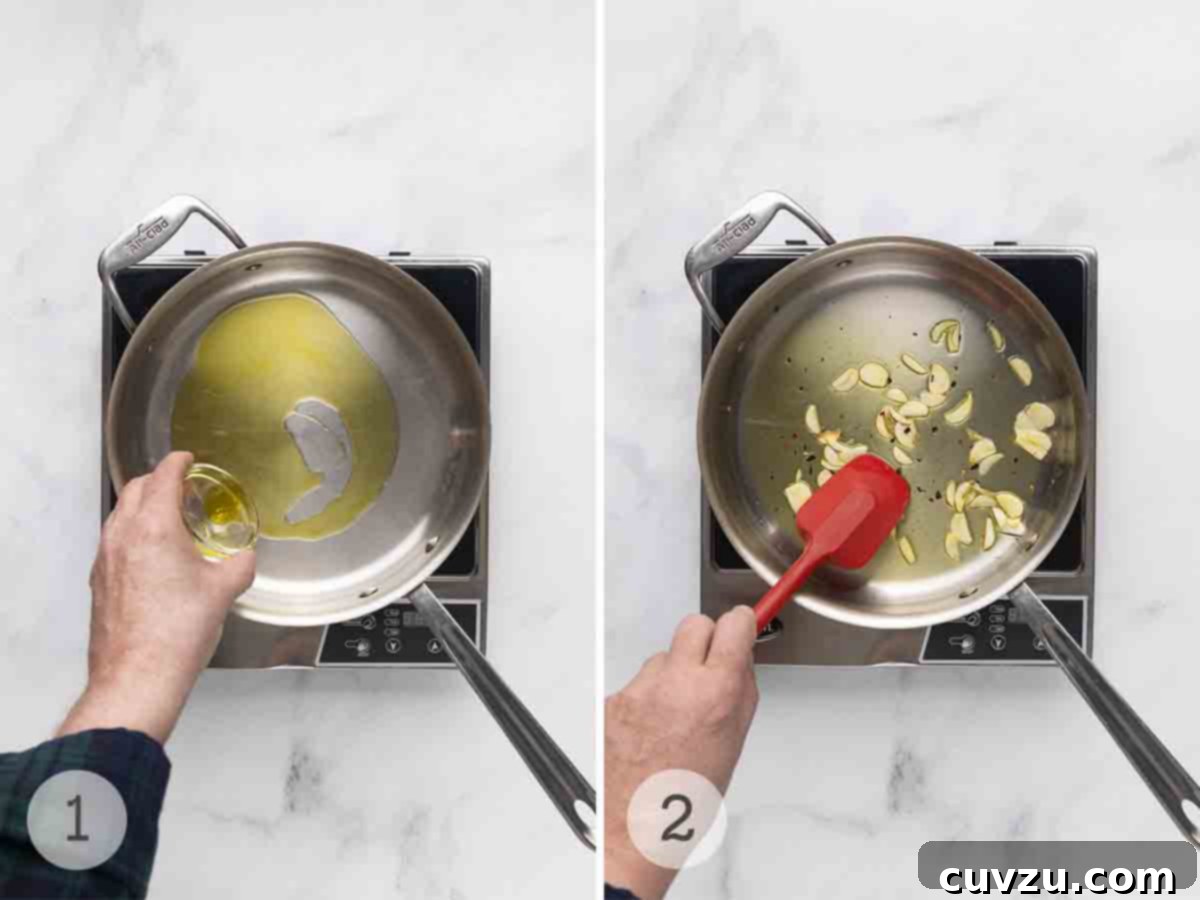 Blistered Skillet Broccolini 5 A person adding olive oil to a metal skillet; garlic and pepper flakes cooking in oil in a skillet.