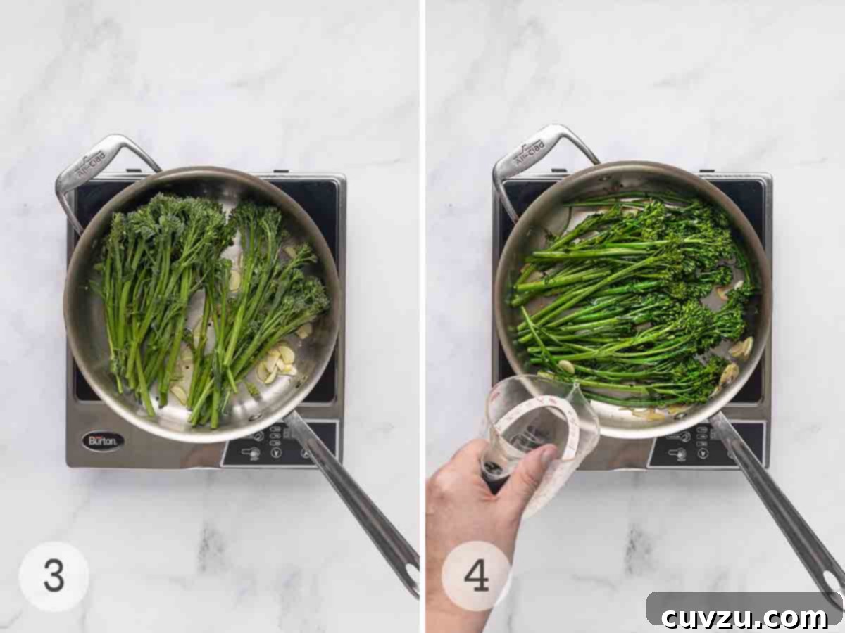 Blistered Skillet Broccolini 6 Broccolini in a skillet with garlic and oil; a person adding liquid to the skillet.