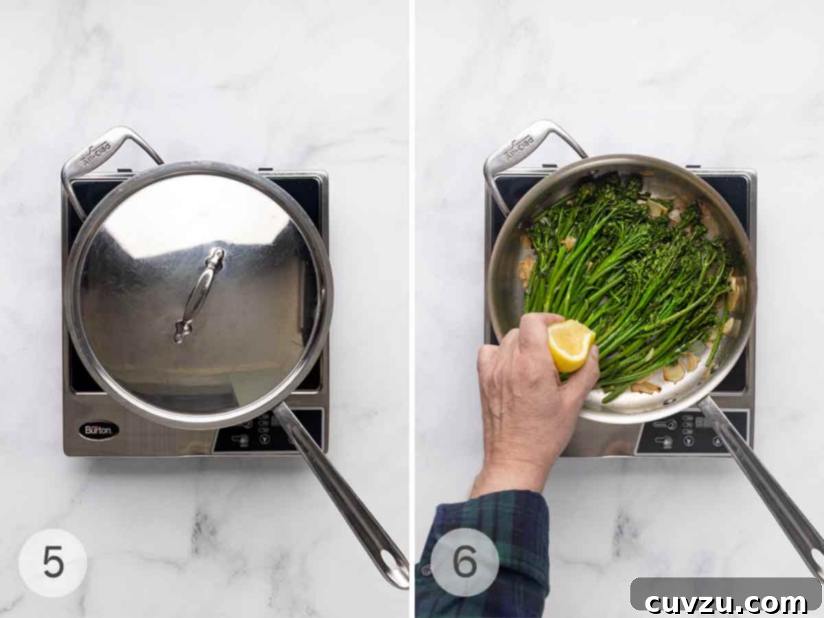 Blistered Skillet Broccolini 7 A covered skillet; lemon juice being squeeze into a skillet containing broccolini and garlic.