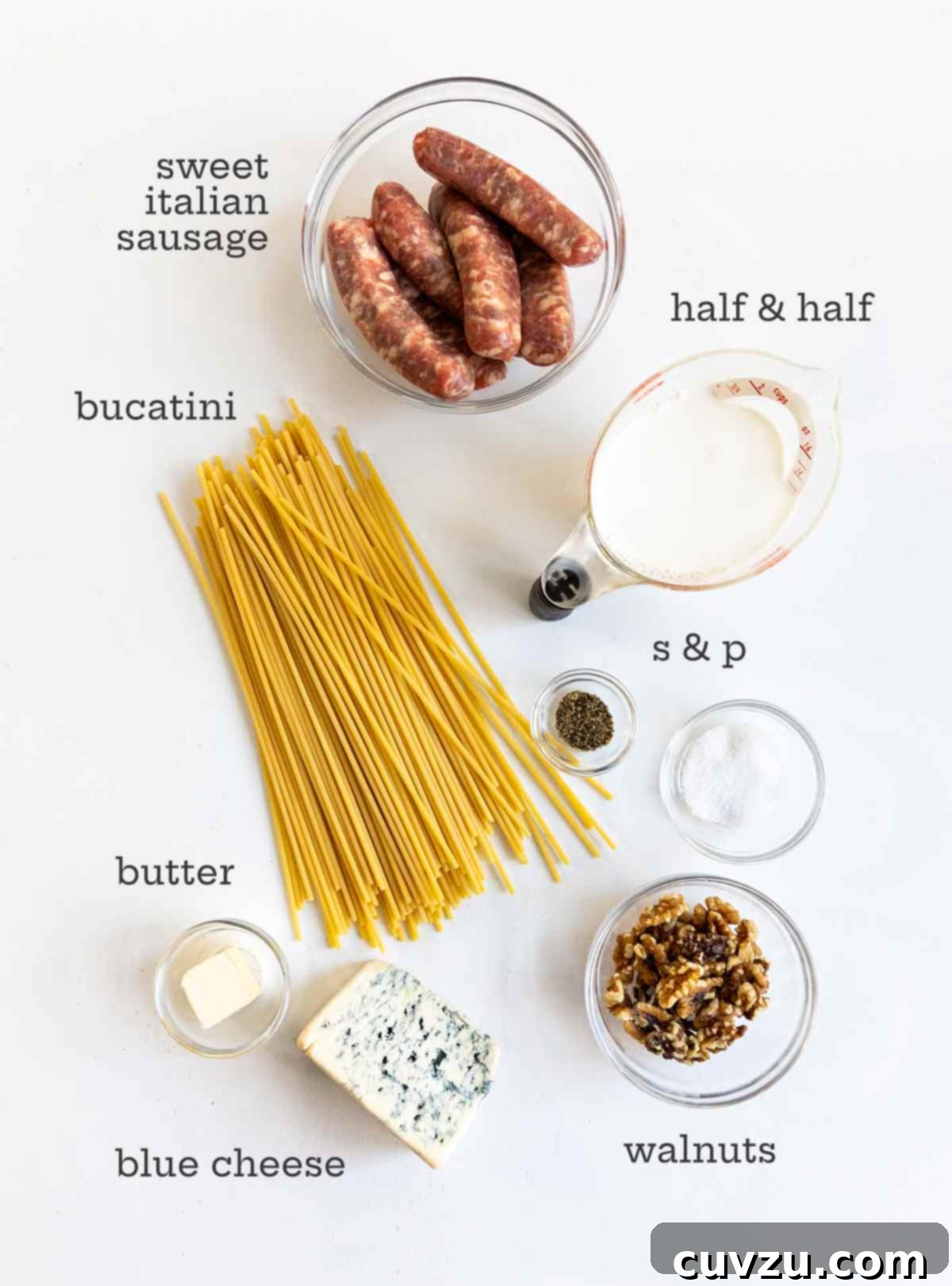 Robust Sausage & Blue Cheese Pasta with Toasted Walnuts 4 Blue cheese pasta ingredients: pasta, cheese, walnuts, half and half, sausage, and butter.