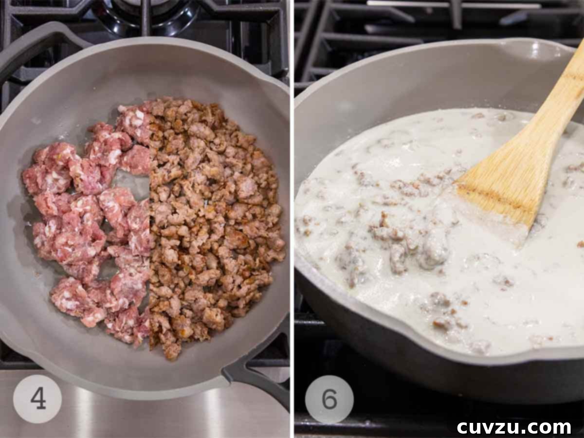 Robust Sausage & Blue Cheese Pasta with Toasted Walnuts 6 Uncooked and cooked, browned sausage in a skillet, and cooked sausage in a blue cheese sauce in a skillet.