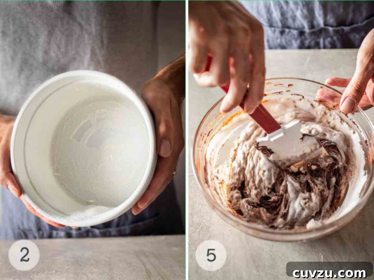 Decadent Chocolate Soufflé 5 Two crucial steps for perfect chocolate soufflé: The first image shows a hand expertly coating a soufflé dish with sugar after buttering. The second captures the delicate process of folding whipped egg whites into the rich chocolate batter, illustrating careful technique.