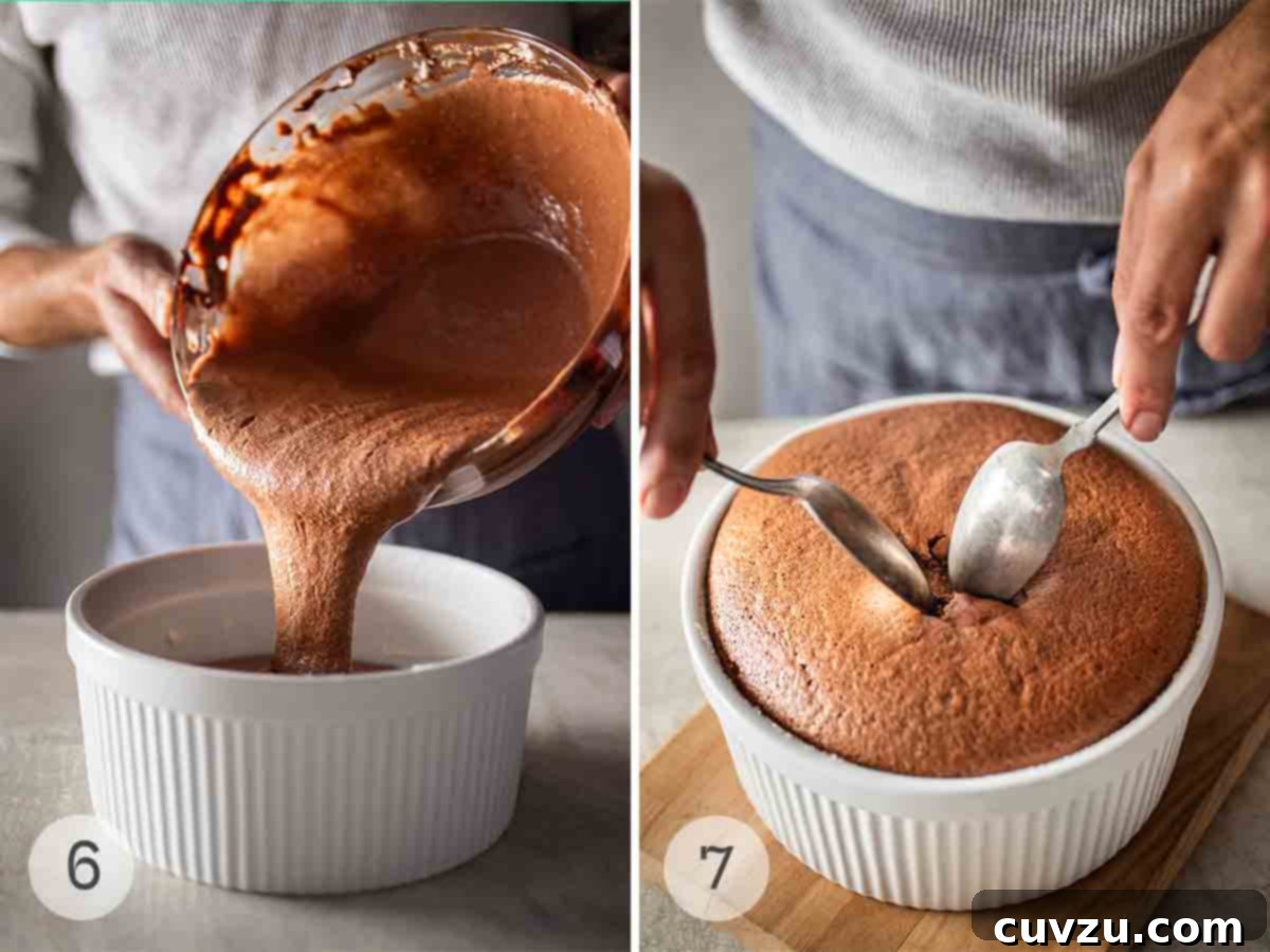 Decadent Chocolate Soufflé 6 Two images illustrating the final stages of chocolate soufflé preparation: The first shows the fluffy chocolate batter being carefully poured into a sugared soufflé dish. The second depicts the elegant moment of serving, with a person gently opening the soufflé's crust with two spoons to reveal its delicate interior.