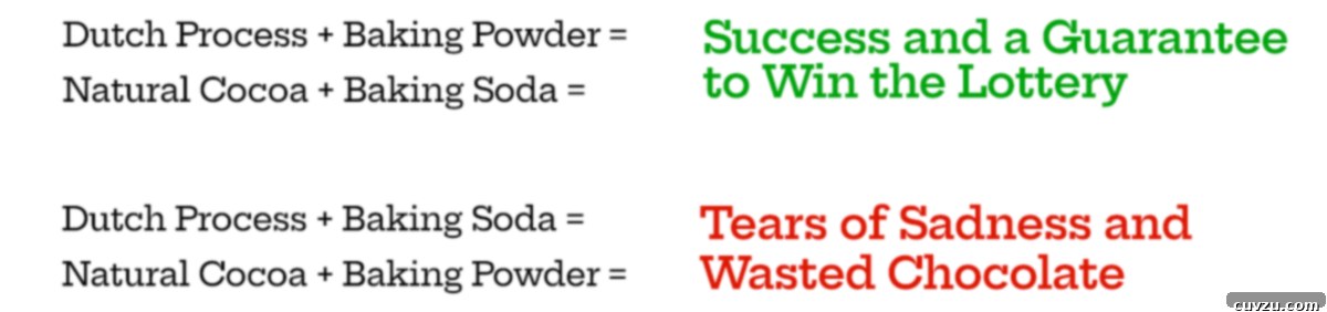 Natural vs. Dutch Process Cocoa Powder: Which One for Your Baking 7 An equation illustrating the correct pairing of natural and Dutch-process cocoa powders with baking soda or baking powder for optimal baking results.
