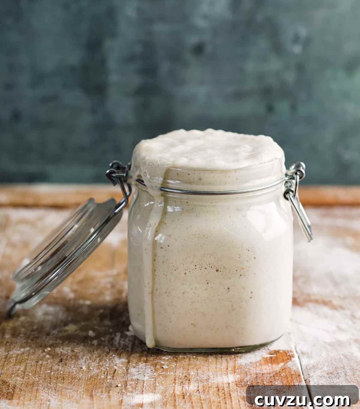 Crafting Your Sourdough Magic 7 An overflowing glass jar of highly active sourdough starter on a wooden surface, showing its readiness for use.
