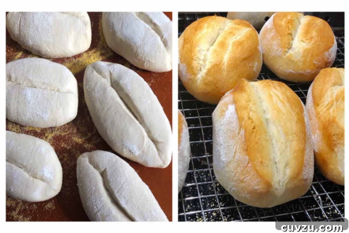 Papo Secos Portuguese Rolls 14 Several uncooked papo-secos resting on a baking mat, alongside several freshly baked papo-secos cooling on a wire rack.