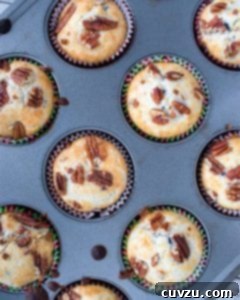 Baked blueberry pecan muffins in a muffin tin.
