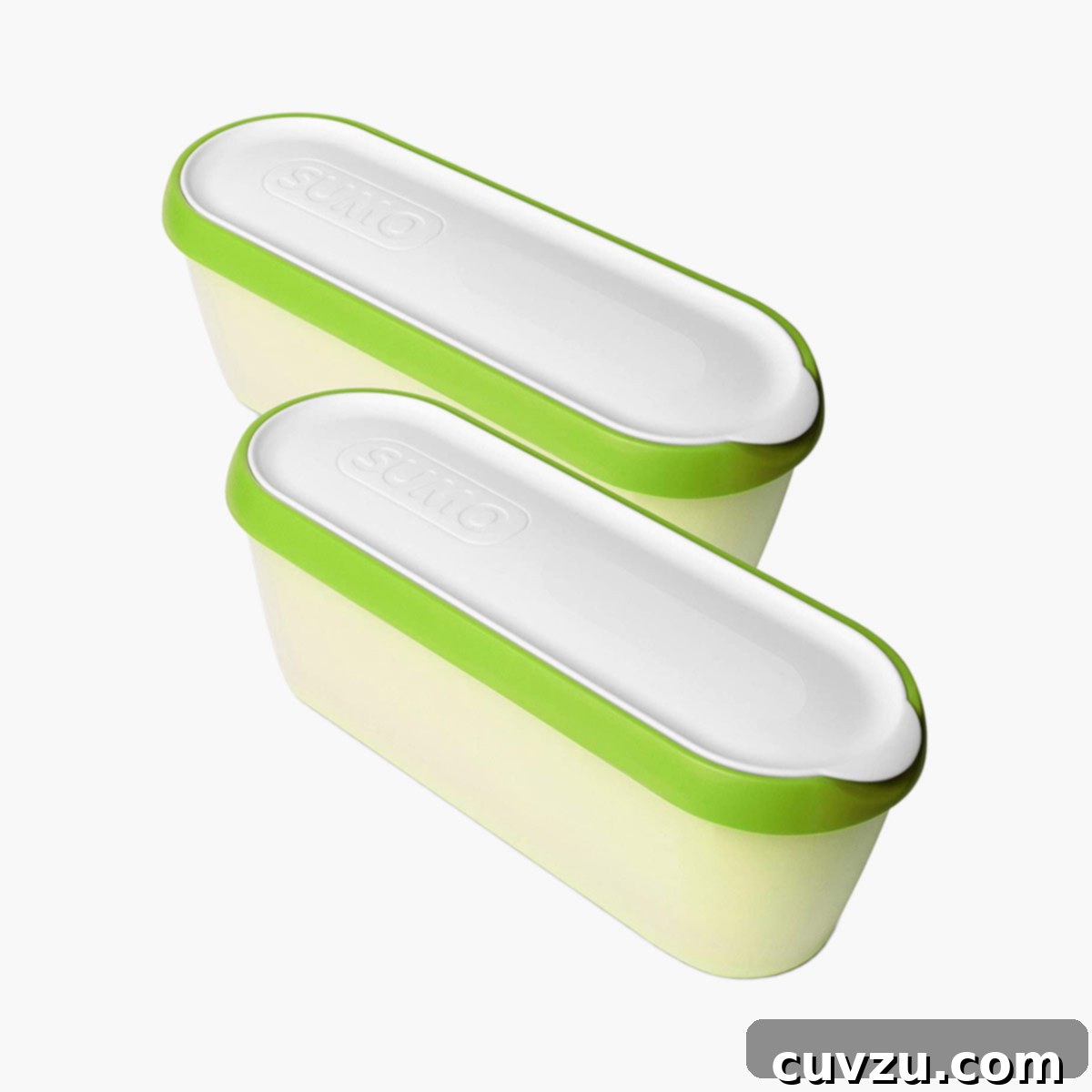 Dog Days Survival Guide: Essential Hacks for Summer Heat 5 Two SUMO 1.5-Quart homemade ice cream containers with vibrant green and white lids, designed for optimal freezer storage.