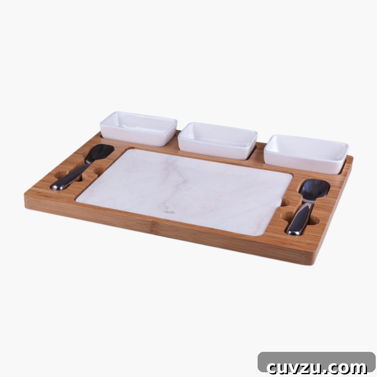 Dog Days Survival Guide: Essential Hacks for Summer Heat 6 A luxurious wooden and marble parlor ice cream mixing set, complete with three ceramic bowls, two mixing tools, and a freezing marble slab.