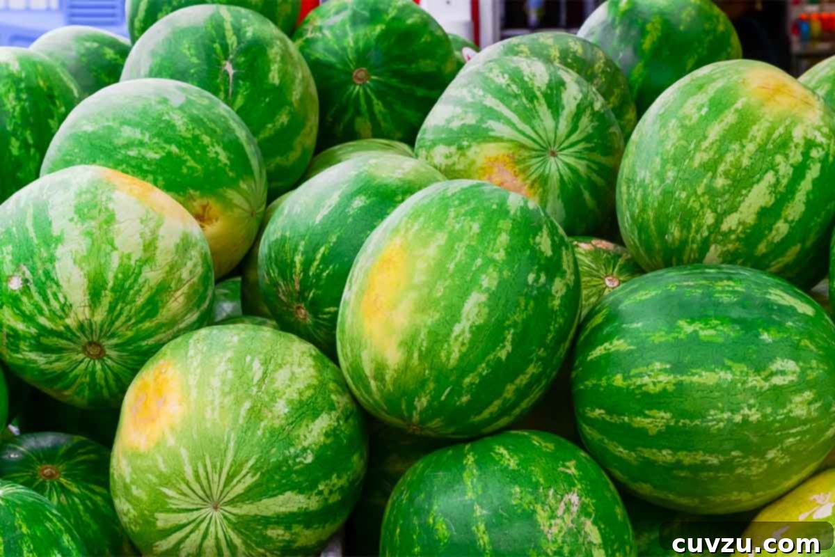 Picking the Perfect Watermelon 4 Close-up of a watermelon showcasing a distinct creamy yellow field spot, indicating optimal ripeness and sweetness.