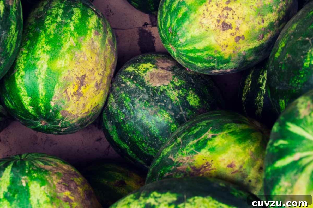 Picking the Perfect Watermelon 5 Detail shot of a watermelon's rind showing rough, brown webbing patterns, known as 'sugar spots'.