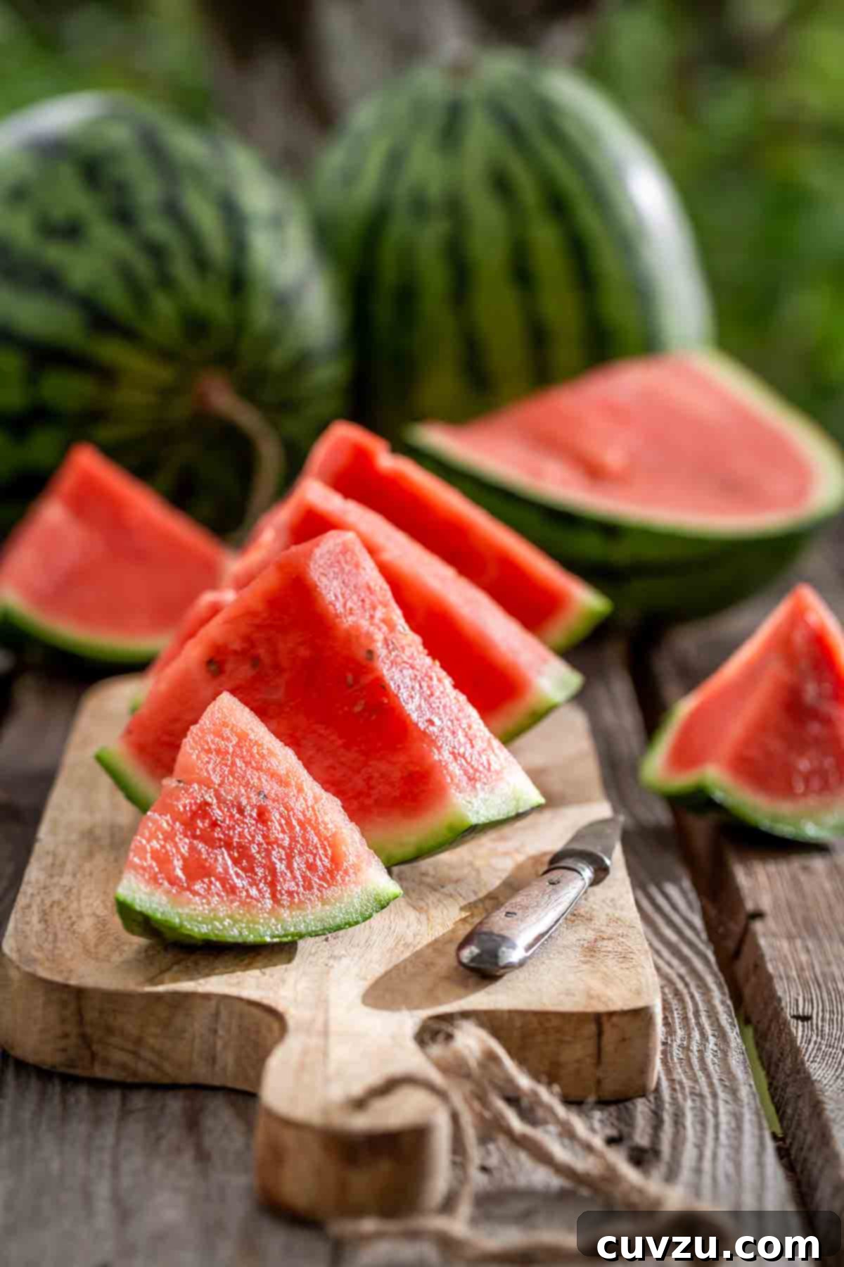 Picking the Perfect Watermelon 6 Freshly cut watermelon wedges arranged on a wooden cutting board with a knife beside them, and whole watermelons in the background.