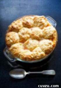 Sun-Kissed Peach Nectarine Cobbler 4 A round glass baking dish filled with peach nectarine cobbler and a spoon on the side.