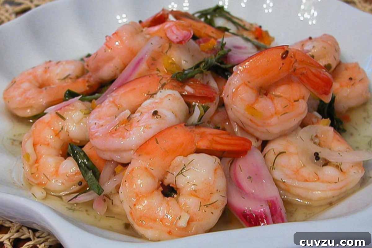 Zesty Marinated Shrimp 4 A serving of pickled shrimp in a white bowl.