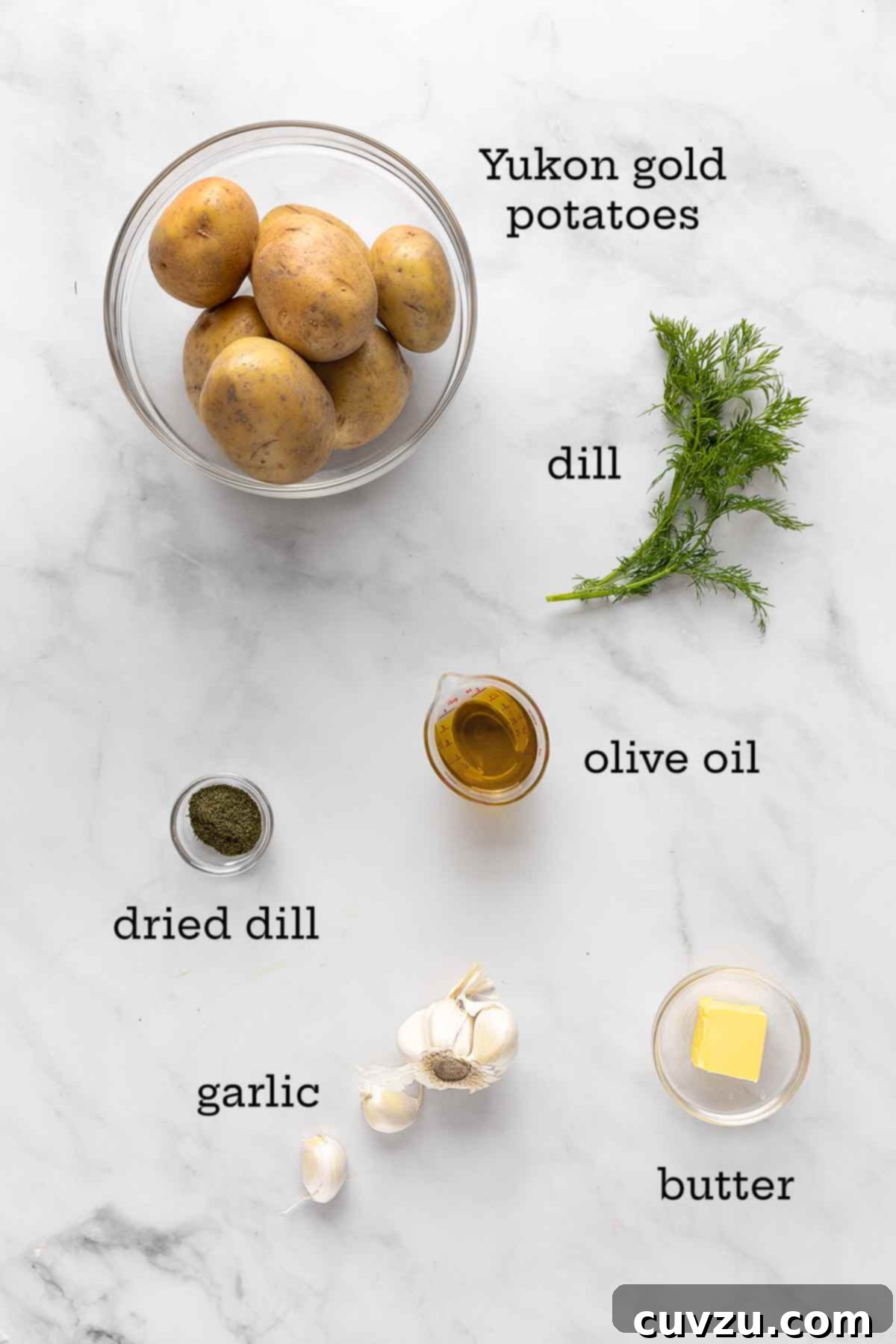Golden Dill Roasted Potatoes 4 Ingredients for roasted potatoes with dill--Yukon gold potatoes, fresh and dried dill, olive oil, butter, and garlic.