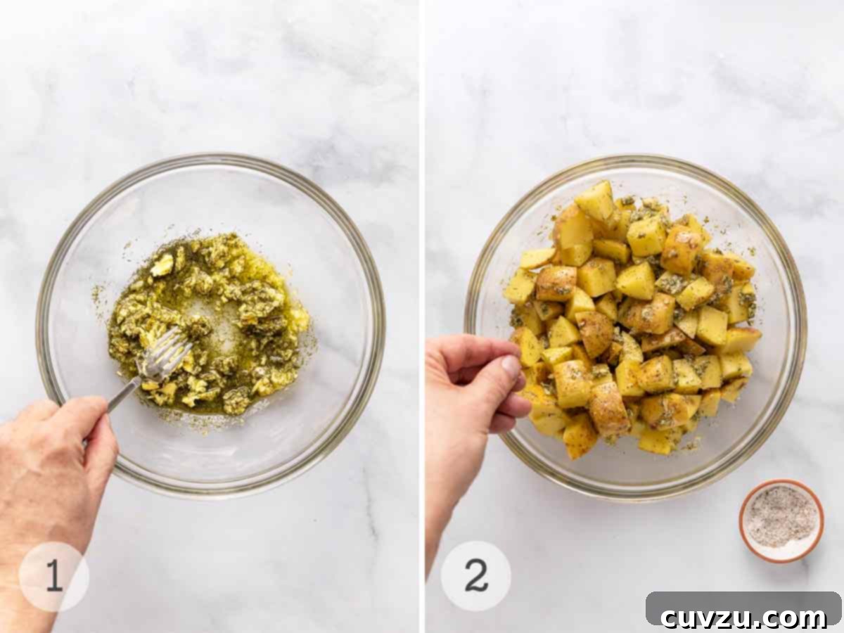 Golden Dill Roasted Potatoes 5 A person mashing garlic, dill, oil, and butter in a bowl; potatoes in a bowl with garlic dill butter.