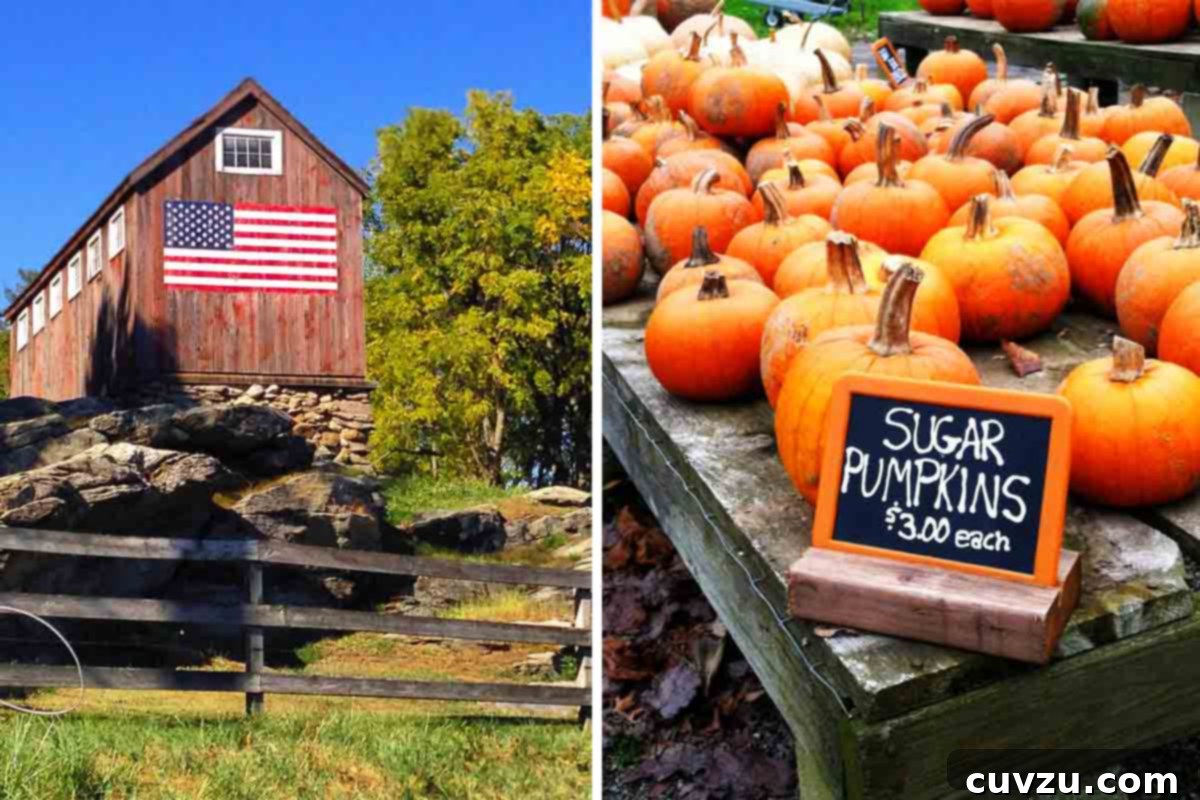 Autumn's Sweet Indulgences 3 A charming barn with a painted American flag on it, alongside a rustic table laden with sugar pumpkins, symbolizing the autumn harvest.