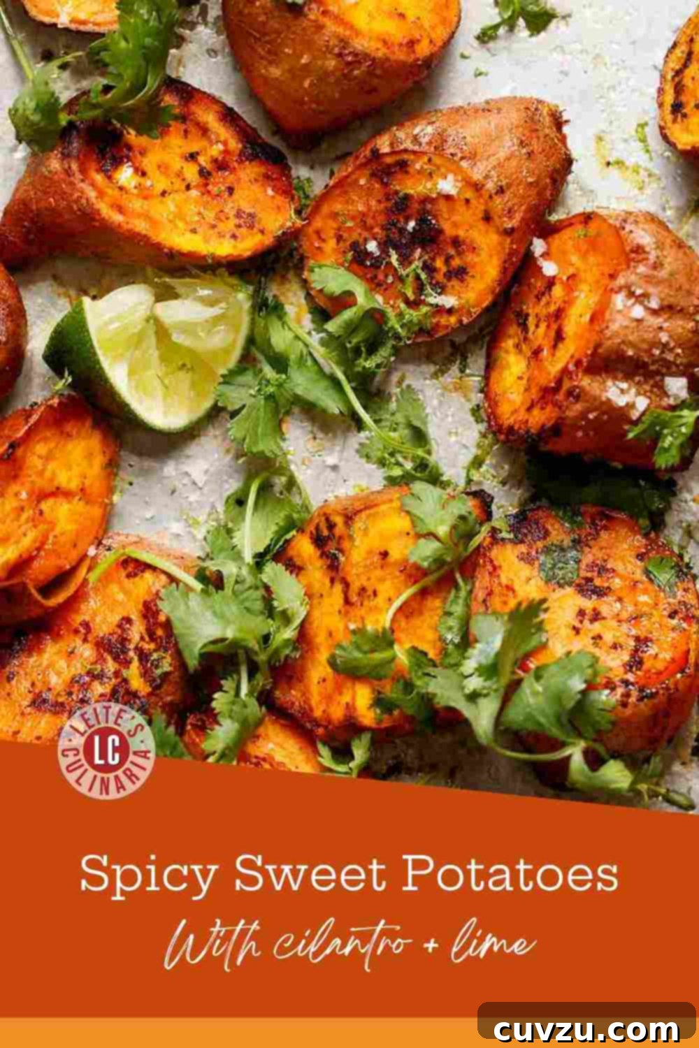 Vibrant Sriracha Lime Roasted Sweet Potatoes 3 Roasted sweet potato chunks tossed in a sweet and spicy Sriracha-lime sauce, garnished with fresh cilantro and lime wedges, presented beautifully.