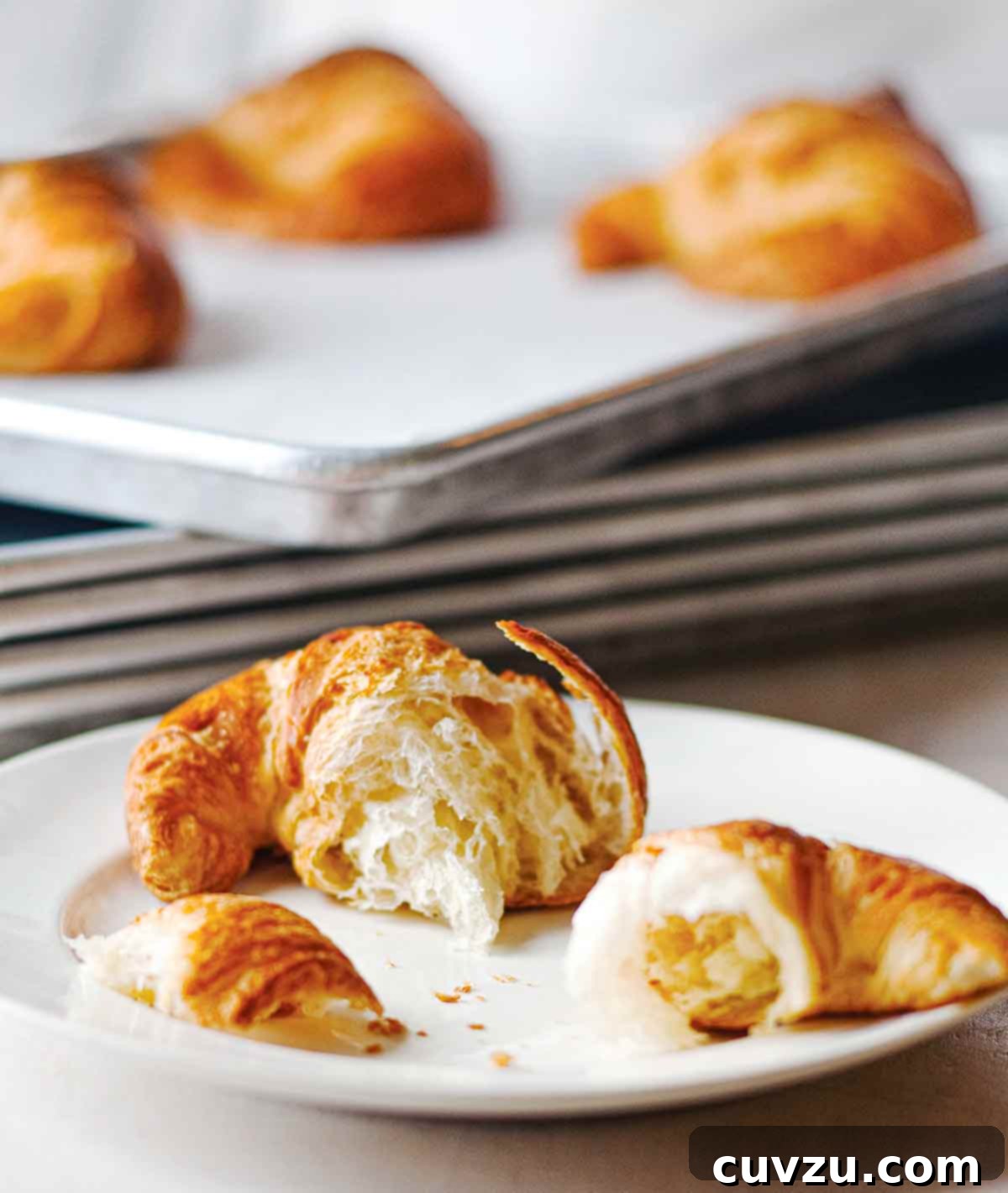 Flour Power: Mastering Accurate Measurement for Better Bakes 3 A freshly torn, flaky croissant resting on a plate, with more golden croissants visible on a baking sheet in the background, signifying expert pastry making.