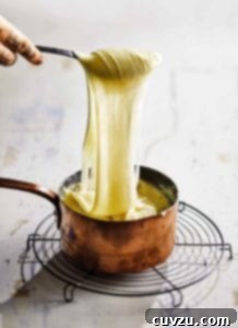 Aligot: The Ultimate Cheese Pull Mash 4 A person holding a spoonful of Aligot potatoes over a copper pot, highlighting the gooey, cheesy texture.