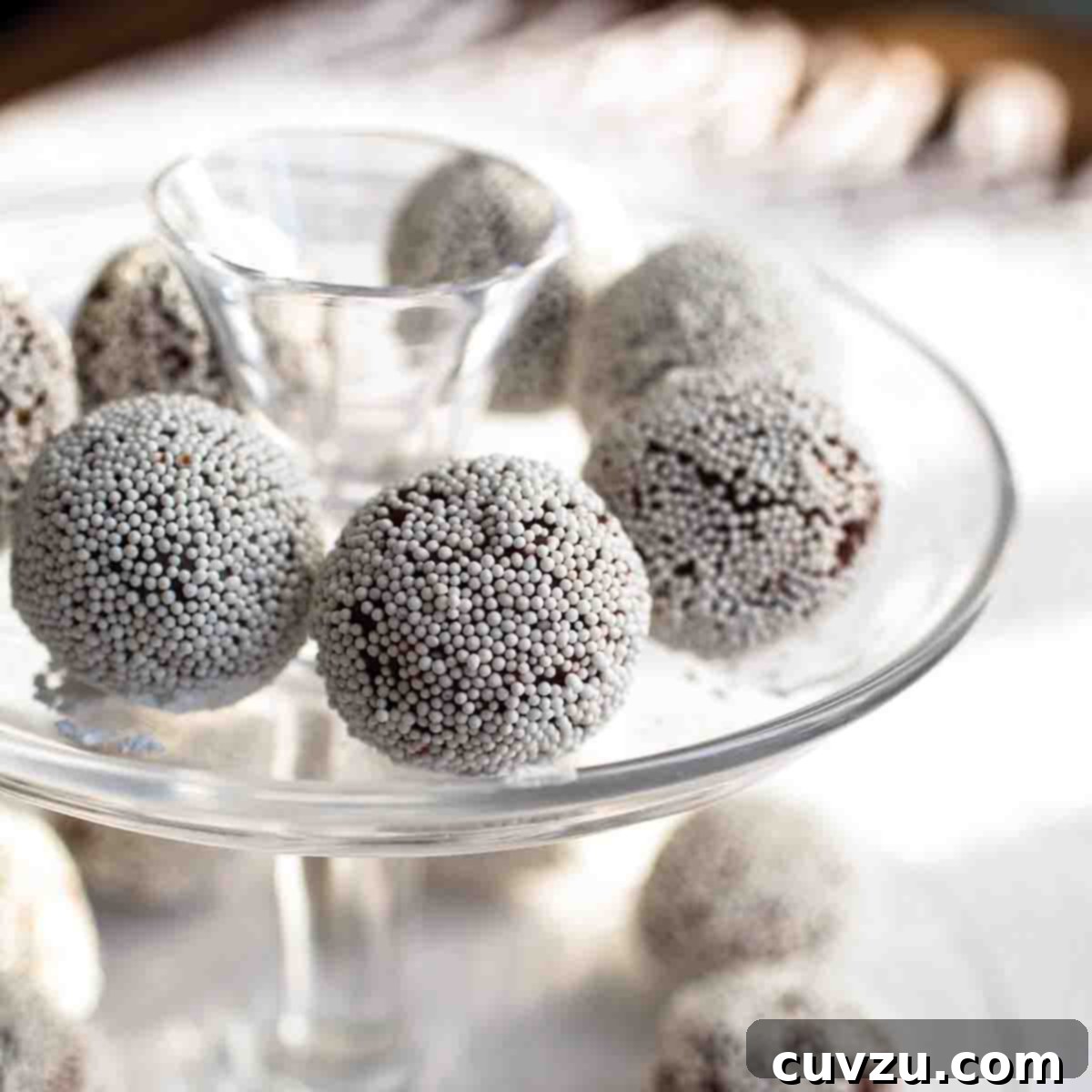A two-tiered platter showcasing a generous arrangement of dark, round rum balls, dusted with confectioners' sugar.