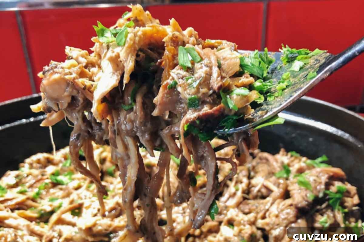 Succulent Wine-Braised Pork Shoulder 6 A fork lifting braised pork with red wine out of a pot.