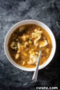 A white bowl filled with Provençale fish soup with a spoon resting inside.