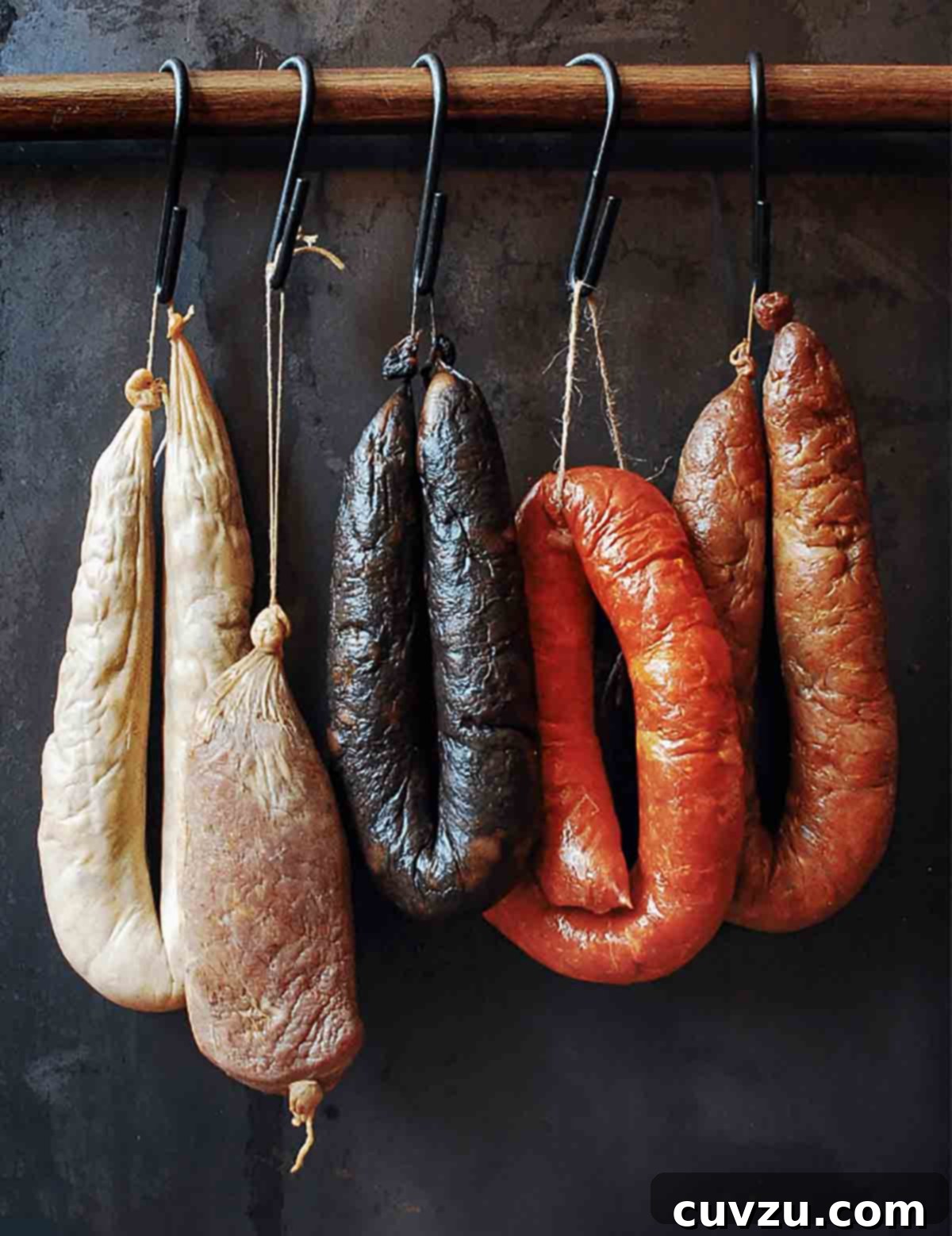 Five links of common Portuguese sausages, including homemade chouriço, hanging from hooks on a wooden dowel
