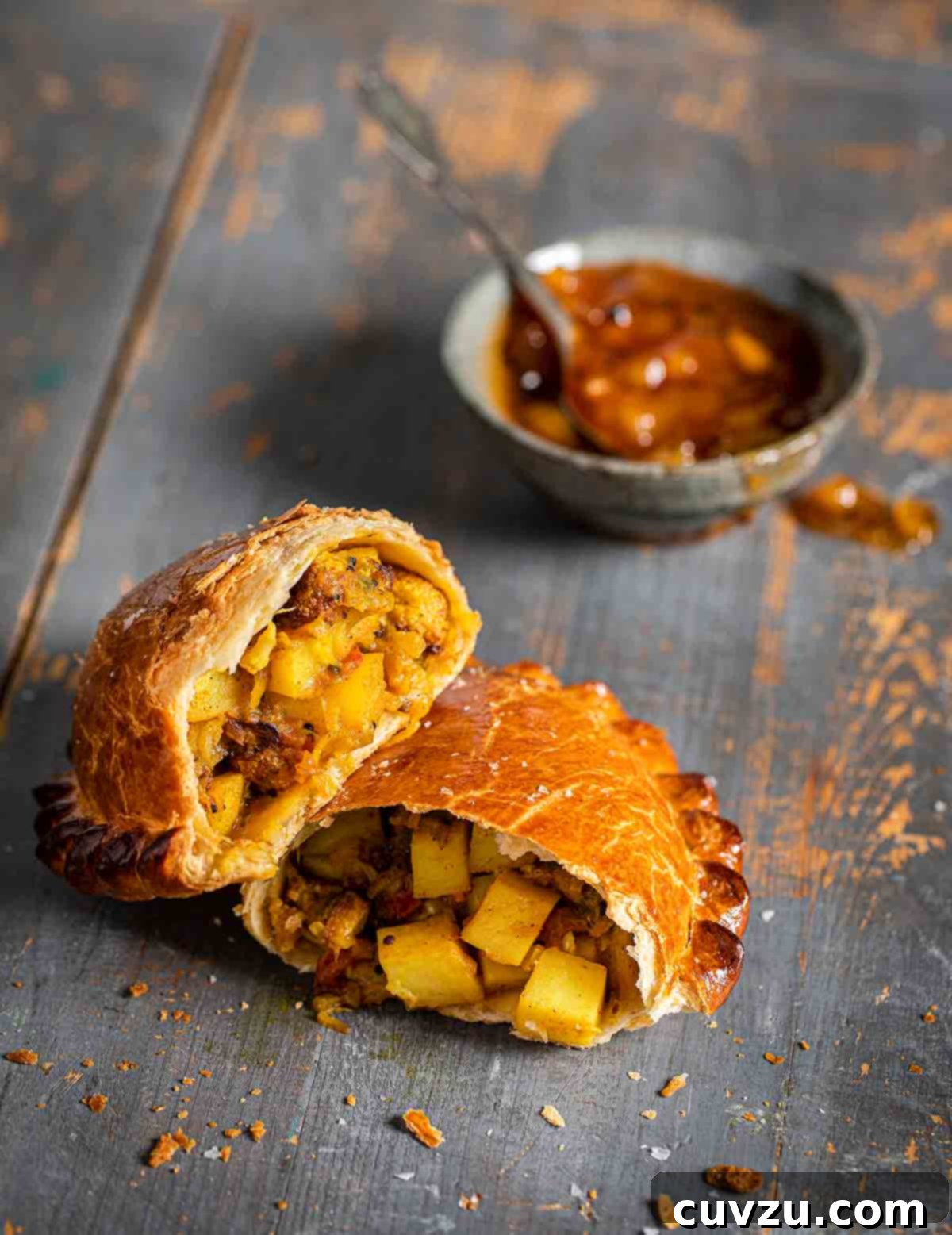 Spiced Cauliflower Potato Turnovers 3 A halved curried cauliflower and potato pastie with a dish of mango chutney beside it.
