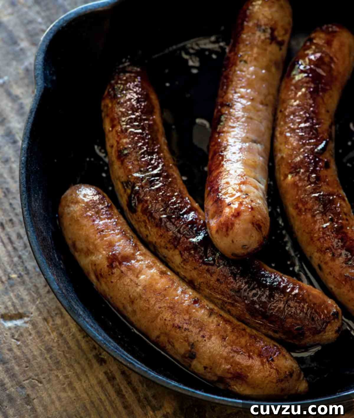 A cast-iron skillet with four cooked chicken apple sausages inside.