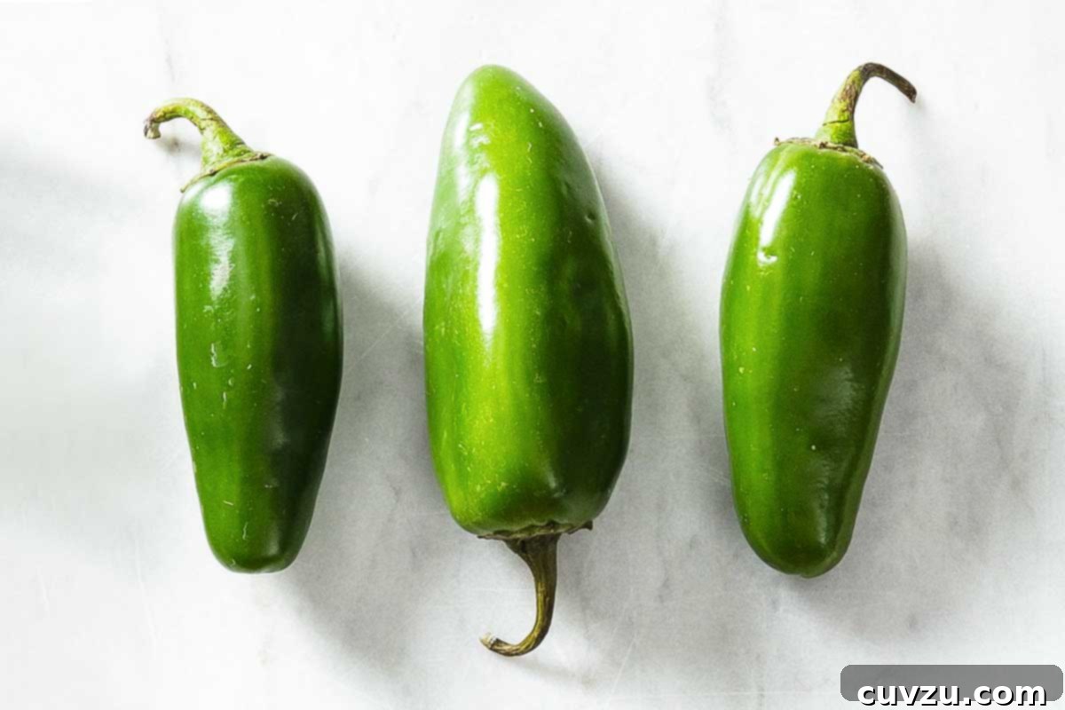 Fresh Chile Peppers: Decoding the Differences 6 Three plump, shiny green Jalapeño peppers, a popular choice for medium heat and a crisp, grassy flavor.