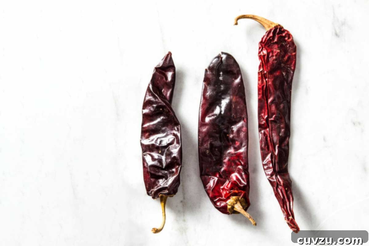 Demystifying Dried Chile Varieties 3 Three perfectly dried guajillo chile peppers, displaying their distinct reddish-brown hue and smooth, leathery skin, ready to infuse dishes with their unique flavor.
