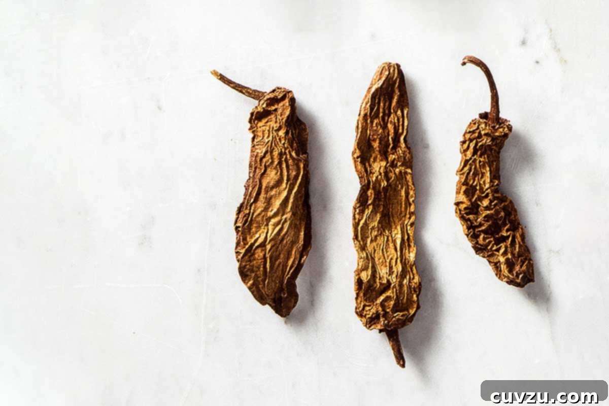 Demystifying Dried Chile Varieties 5 Three dark, wrinkly chipotle chile peppers, showcasing their characteristic smoky appearance, a testament to their dried and smoked jalapeño origins.
