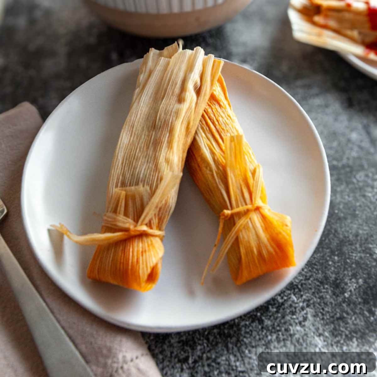 Two tamales on a white plate.
